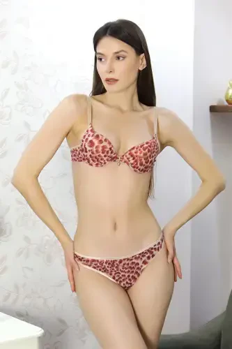 Akbeniz Women's Unpadded Thin Padded Patterned Accessorized Bra Set 3707 Red - 4