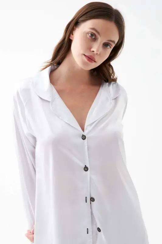 Akbeniz Women's White Oversize Satin Pajama Set - 4