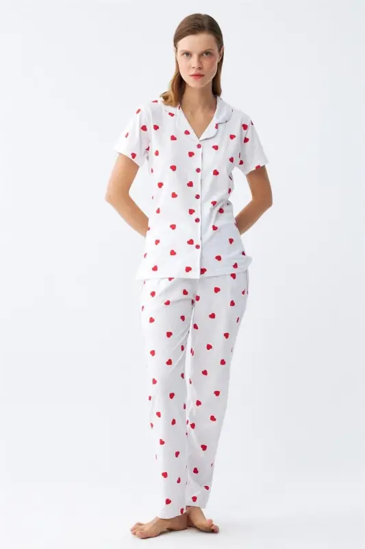 Akbeniz Women's White Red Heart Button-Down Pajama Set - 2
