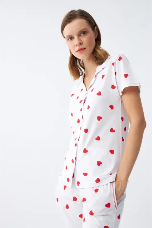 Akbeniz Women's White Red Heart Button-Down Pajama Set - 5