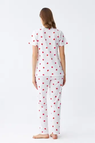 Akbeniz Women's White Red Heart Button-Down Pajama Set - 7