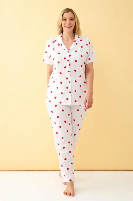 Akbeniz Women's White Red Heart Patterned Front Buttoned Plus Size Pajama Set - 3