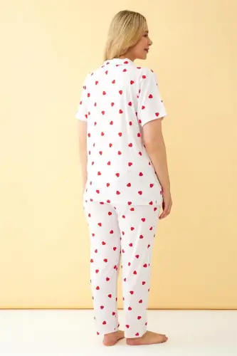 Akbeniz Women's White Red Heart Patterned Front Buttoned Plus Size Pajama Set - 5