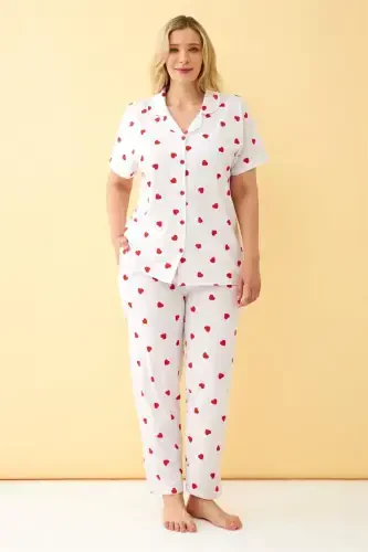 Akbeniz Women's White Red Heart Patterned Front Buttoned Plus Size Pajama Set 