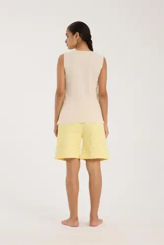 Akbeniz Women's White Ribbon Detailed Yellow Striped Shorts Pajama Set - 3