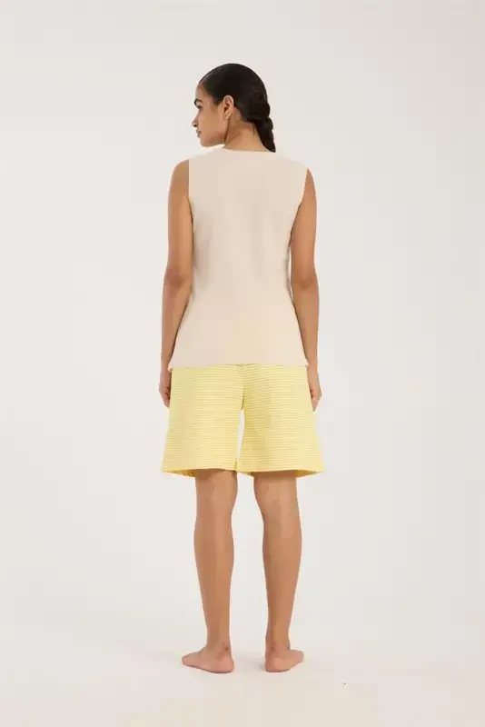 Akbeniz Women's White Ribbon Detailed Yellow Striped Shorts Pajama Set - 3