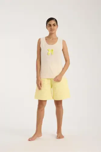 Akbeniz Women's White Ribbon Detailed Yellow Striped Shorts Pajama Set - 5