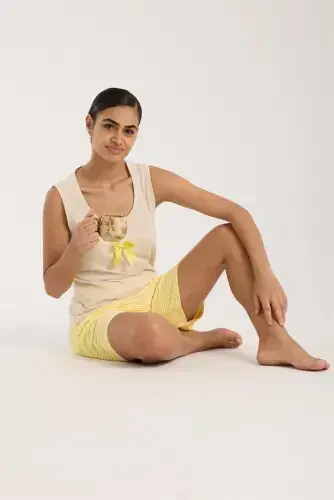 Akbeniz Women's White Ribbon Detailed Yellow Striped Shorts Pajama Set - 6