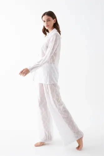 Akbeniz Women's White Transparent Jacquard Buttoned Pajama Set - 6