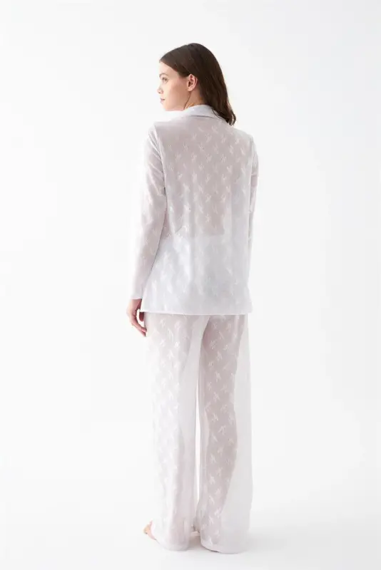 Akbeniz Women's White Transparent Jacquard Buttoned Pajama Set - 7