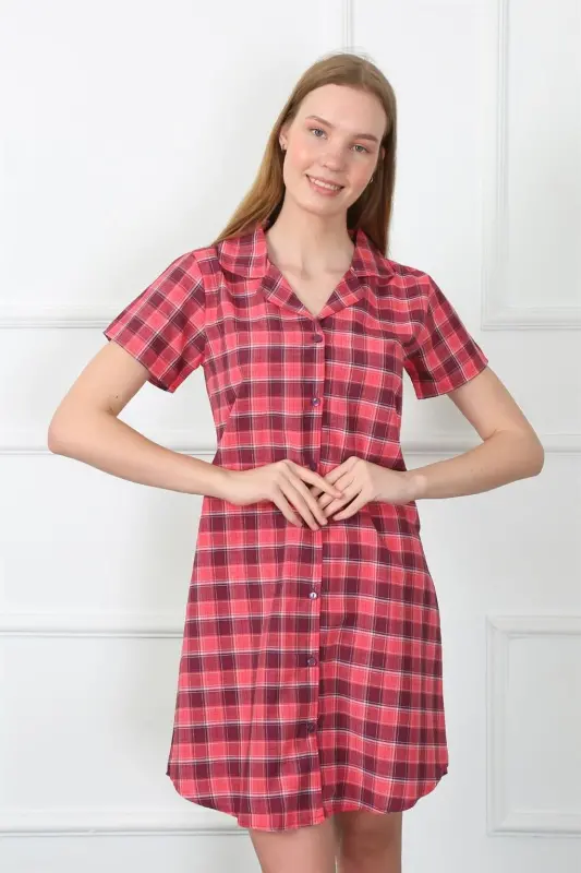 Akbeniz Women's Woven Fabric Front Buttoned Red Tunic Nightgown 1030 - 2