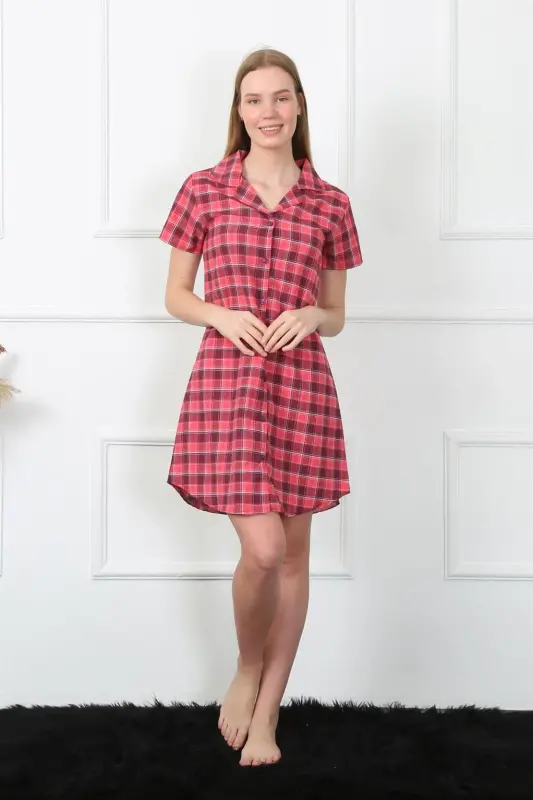 Akbeniz Women's Woven Fabric Front Buttoned Red Tunic Nightgown 1030 - 3