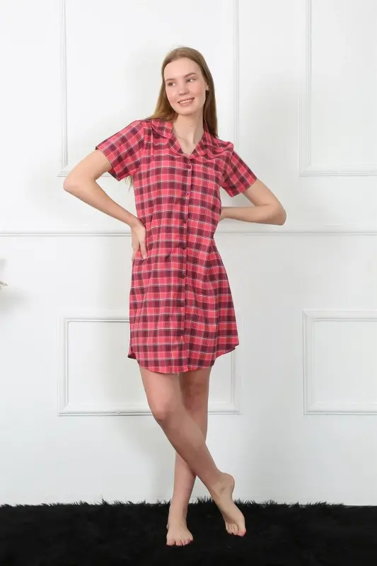 Akbeniz Women's Woven Fabric Front Buttoned Red Tunic Nightgown 1030 - 1