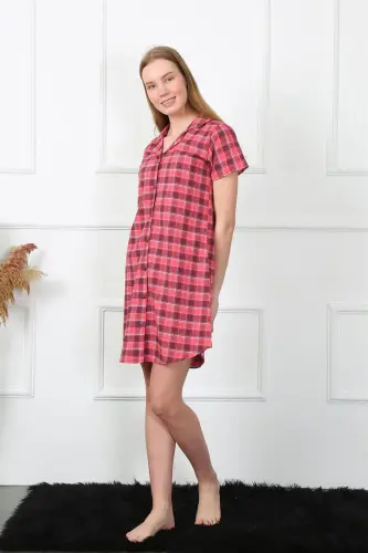 Akbeniz Women's Woven Fabric Front Buttoned Red Tunic Nightgown 1030 - 4