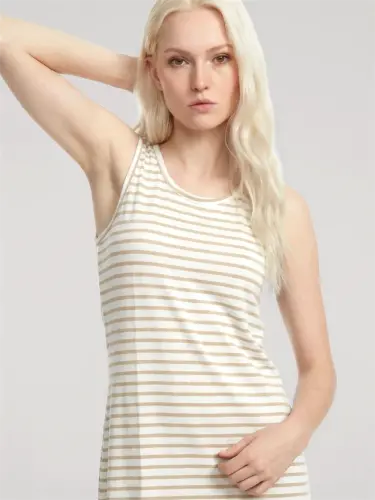Akbeniz Women's Yellow Striped Thick Strap Short Nightgown - 3