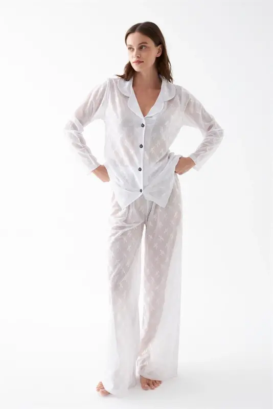 Akbeniz xotin-qizlar oq shaffof jakkard tugmali pijama to‘plami - 3