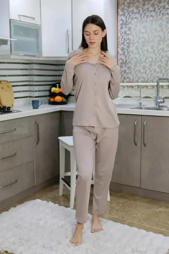 Akbeniz Xotinlar Paxta Penye Oldi Tugmali Uzun Yengli Pijama To‘plami Vizon 2783 - 5