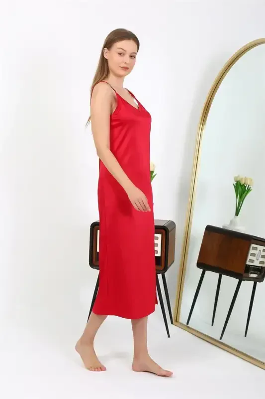 Akbeniz Yirtmachli Uzun Saten Kechki Libos Qizil 7410 - 6