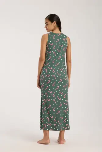 Акбениз Женская Ночная Рубашка на Толстых Бретелях с Разрезом, Длинная Зеленая - 5