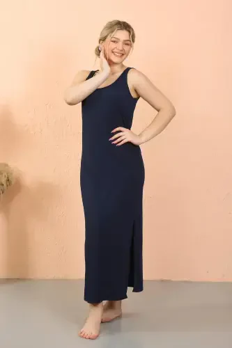 Akbeniz Женская Ночная рубашка темно-синего цвета с разрезом на толстых бретелях 90110 - 2