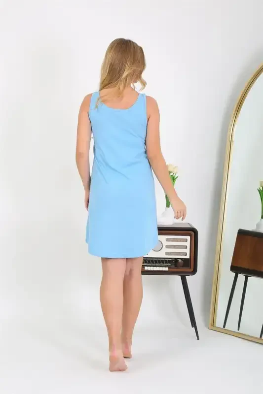 Акбениз Женская Ночная Сорочка на Толстых Бретелях, Трикотаж, Синяя 1777 - 6