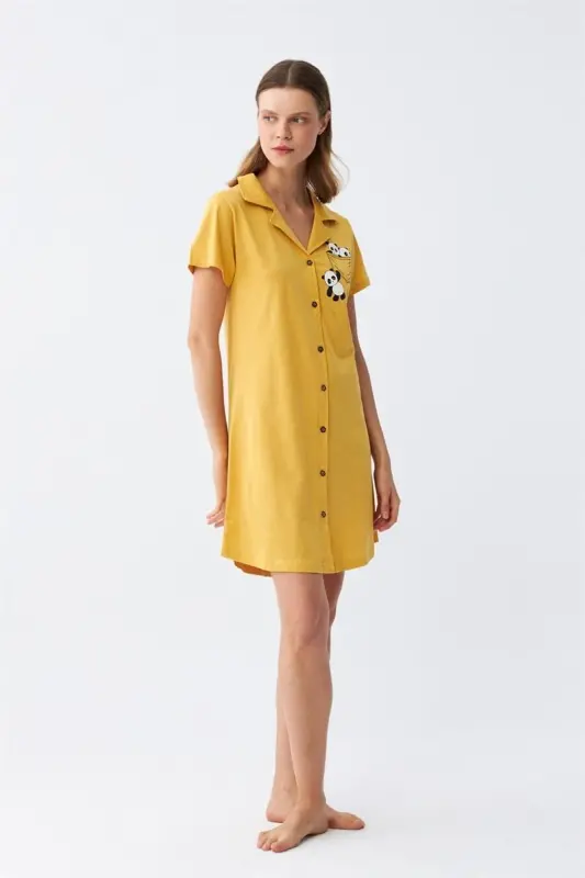 Акбениз Женская Хлопковая Трикотажная Рубашка с Короткими Рукавами на Пуговицах Желтая Туника Ночная Рубашка 13109 - 3