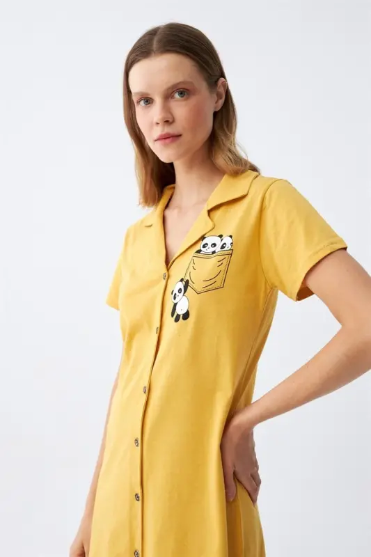 Акбениз Женская Хлопковая Трикотажная Рубашка с Короткими Рукавами на Пуговицах Желтая Туника Ночная Рубашка 13109 - 5