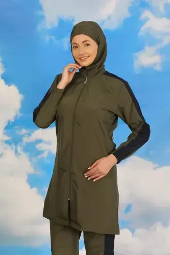 Акбениз Женские Брючные Купальники с Полосками на Рукавах Полный Хиджаб Хаки 31066 - 3