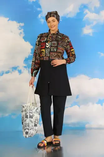 Акбениз Женские Брючные Купальники с Рисунком, Полностью Закрытые, Темно-синий 31074 - 5