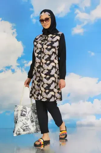 Акбениз Женские Брючные Узорные Полностью Закрытые Купальники Лазурные 31070 - 2