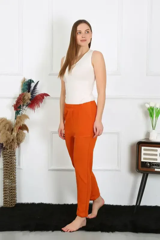 Акбениз Женские Хлопковые Штаны с Карманами на Флисе Кремовый Кирпич 27510 - 2