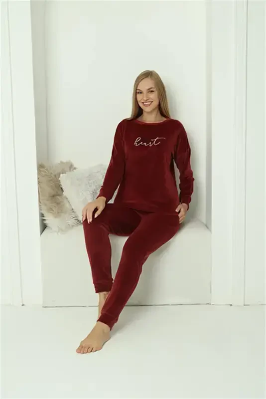 Akbeniz Женский Бархатный Бордовый Пижамный Комплект 20624 - 6