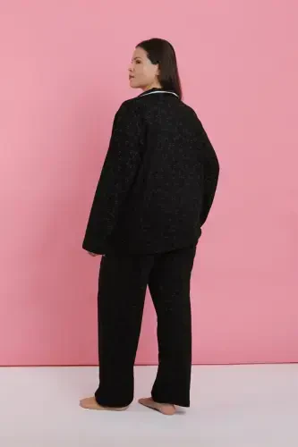 Акбениз Женский Большой Размер Черно-Белый Пижамный Комплект с Узором на Пуговицах - 6