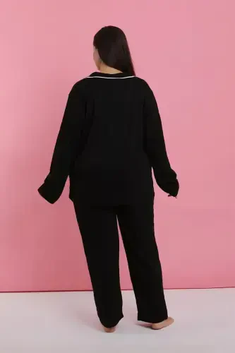 Akbeniz Kadın Büyük Beden Siyah Düğmeli Pijama Takımı - 5