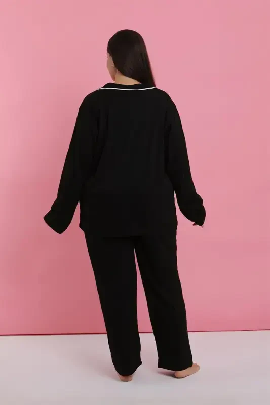 Akbeniz Kadın Büyük Beden Siyah Düğmeli Pijama Takımı - 5