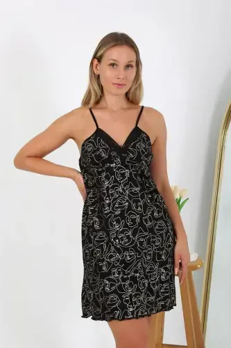 Акбениз Женский Большой Размер Ночная Сорочка на Бретельках 98510 Черный - 5