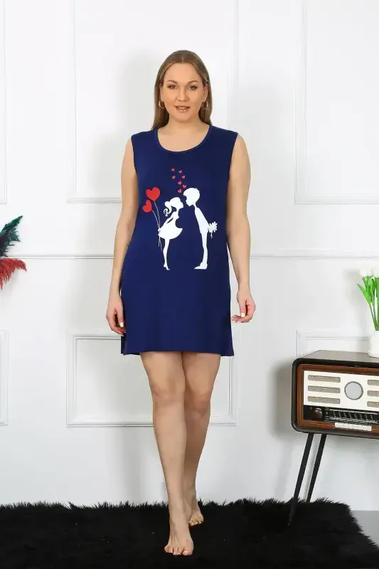 Акбениз Женский Большой Размер Плотный Бретелька Трикотаж До Колена Темно-синий Ночная рубашка 12501 - 5