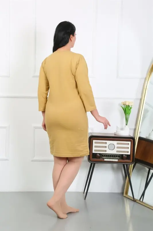 Акбениз Женский Большой Размер Трикотажная Ночная Рубашка Домашнее Платье Горчичный 12506 - 2