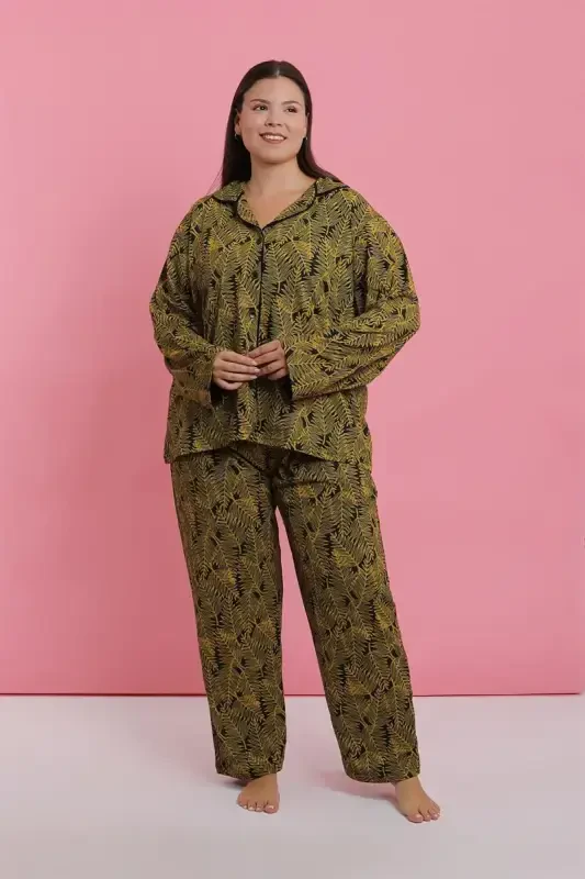 Акбениз Женский Большой Размер Тропический Лист Узор Пуговичная Пижамный Комплект - 2