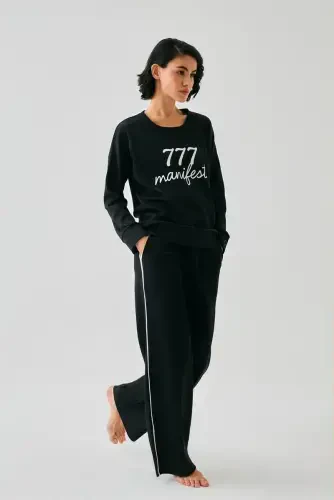 Акбениз Женский Черный 777 Manifest Oversize 2 Нитки Спортивный Костюм Домашняя Одежда - 1