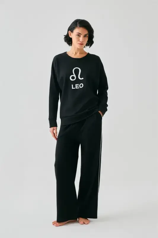 Акбениз Женский Черный Лев Оверсайз 2 Нитки Спортивный Костюм Домашняя Одежда Комплект - 4
