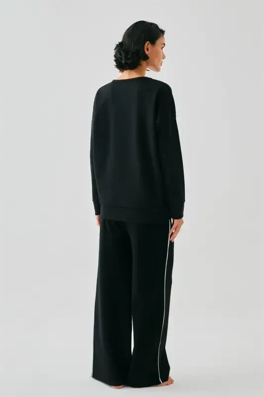 Акбениз Женский Черный Лев Оверсайз 2 Нитки Спортивный Костюм Домашняя Одежда Комплект - 5