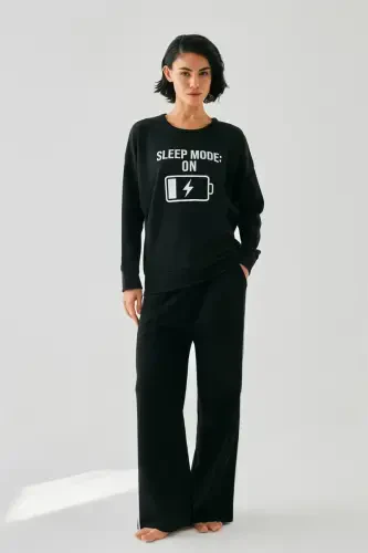 Акбениз Женский Черный Sleep Mode ON Oversize 2 Нить Спортивный Костюм Домашняя Одежда Комплект - AKBENIZ (1)