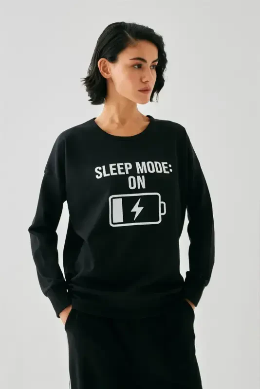 Акбениз Женский Черный Sleep Mode ON Oversize 2 Нить Спортивный Костюм Домашняя Одежда Комплект - 4