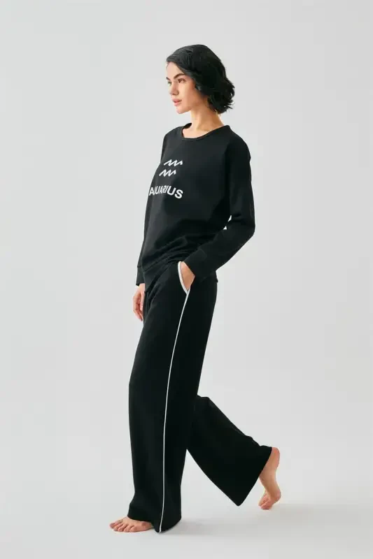 Акбениз Женский Черный Водолей Oversize 2 Нитки Спортивный Костюм Домашняя Одежда - 2