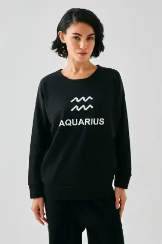 Акбениз Женский Черный Водолей Oversize 2 Нитки Спортивный Костюм Домашняя Одежда - 4