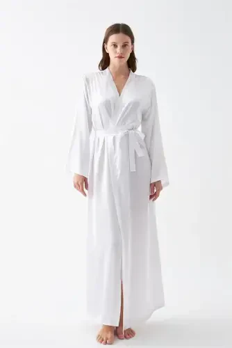 Акбениз Женский Длинный Белый Атласный Халат - 1