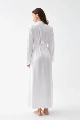Акбениз Женский Длинный Белый Атласный Халат - 5