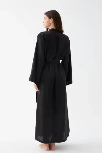 Акбениз Женский Длинный Черный Атласный Халат - 5