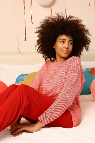 Акбениз Женский Длинный Рукав 3 Нитки Трикотажный Пижамный Комплект 4184 - 7